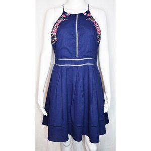 J By J.O.A. Sleeveless Embroidered Halter Open Back Dress Linen Blend Blue Sz L